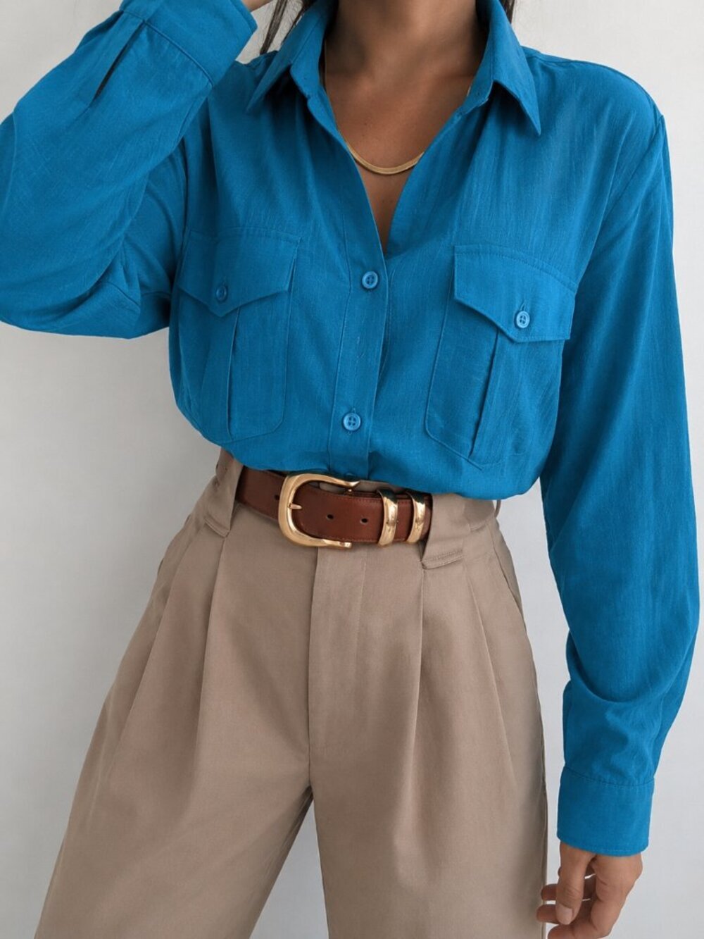 Teal Button Down Blouse Top Rayon Soft Lightweight Relaxed Fit Long Sleeve